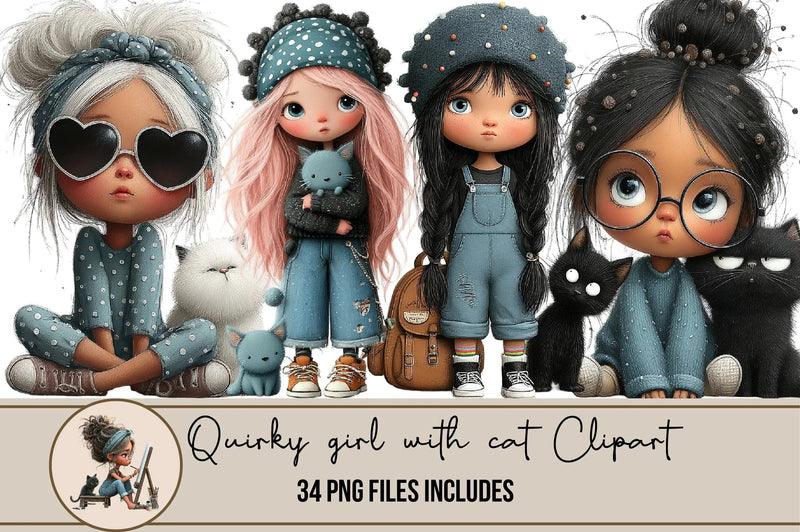 Quirky Girl with Cat Clipart Bundle - CraftNest - Digital Crafting and Art