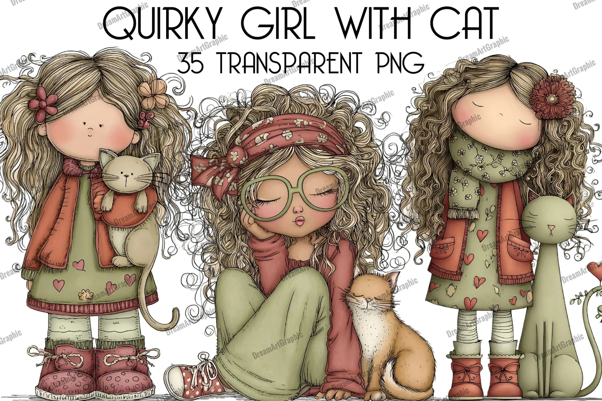 Quirky Girl with Cat Clipart Bundle - CraftNest - Digital Crafting and Art