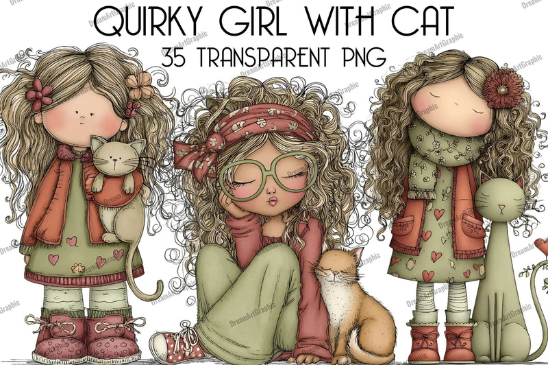 Quirky Girl with Cat Clipart Bundle - CraftNest - Digital Crafting and Art