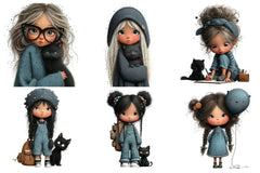 Quirky Girl with Cat Clipart Bundle - CraftNest - Digital Crafting and Art