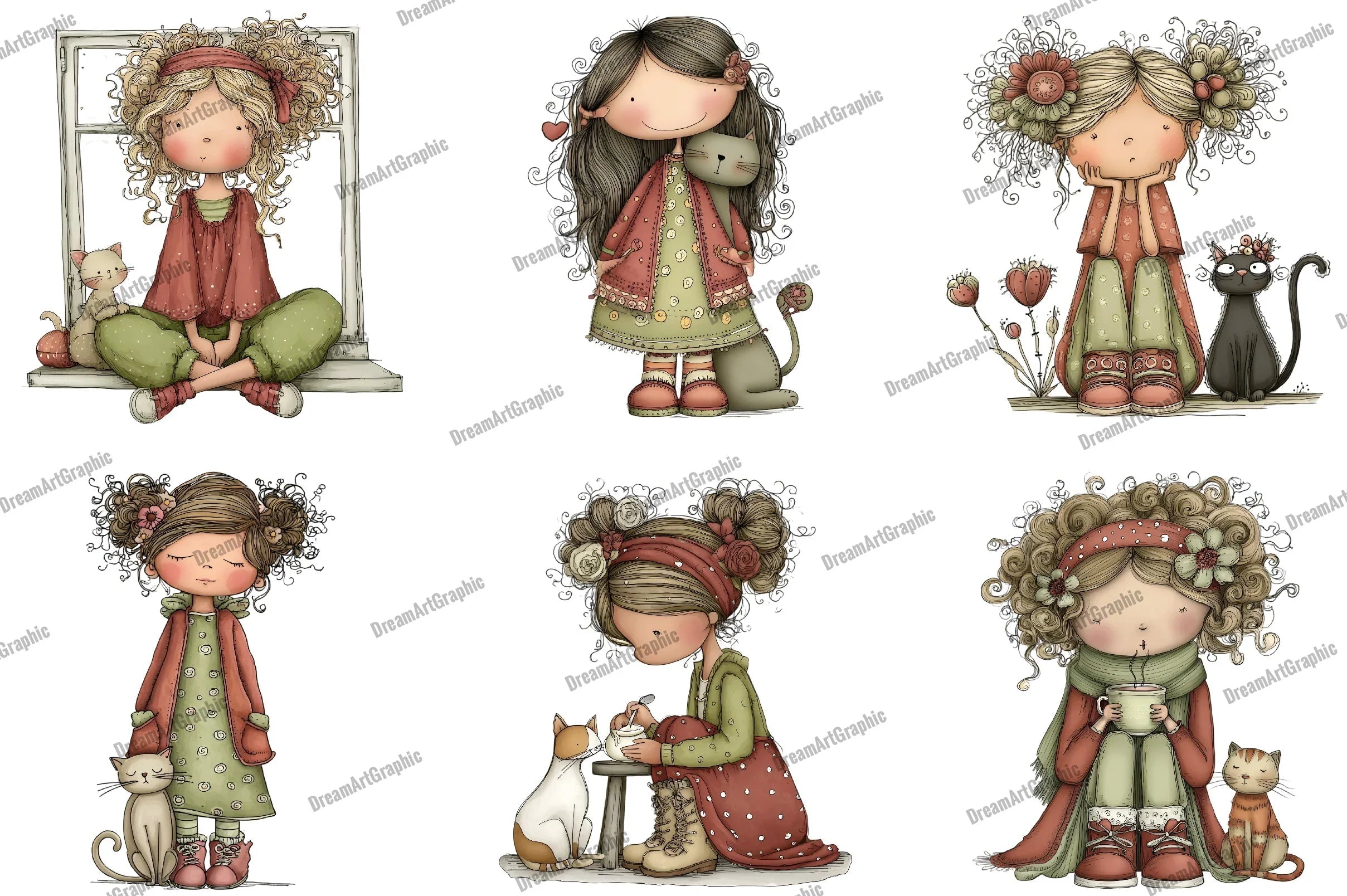 Quirky Girl with Cat Clipart Bundle - CraftNest - Digital Crafting and Art