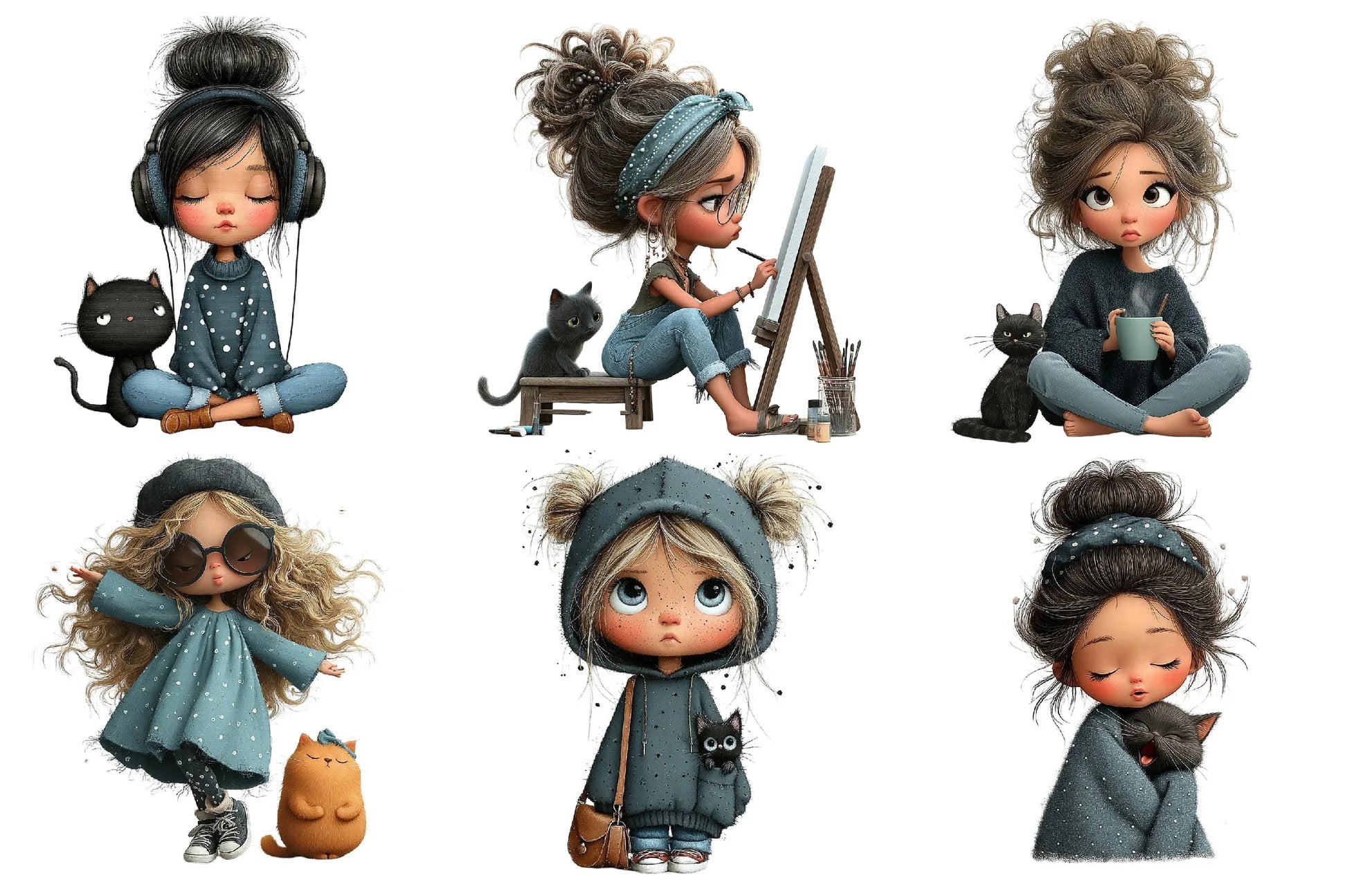 Quirky Girl with Cat Clipart Bundle - CraftNest - Digital Crafting and Art