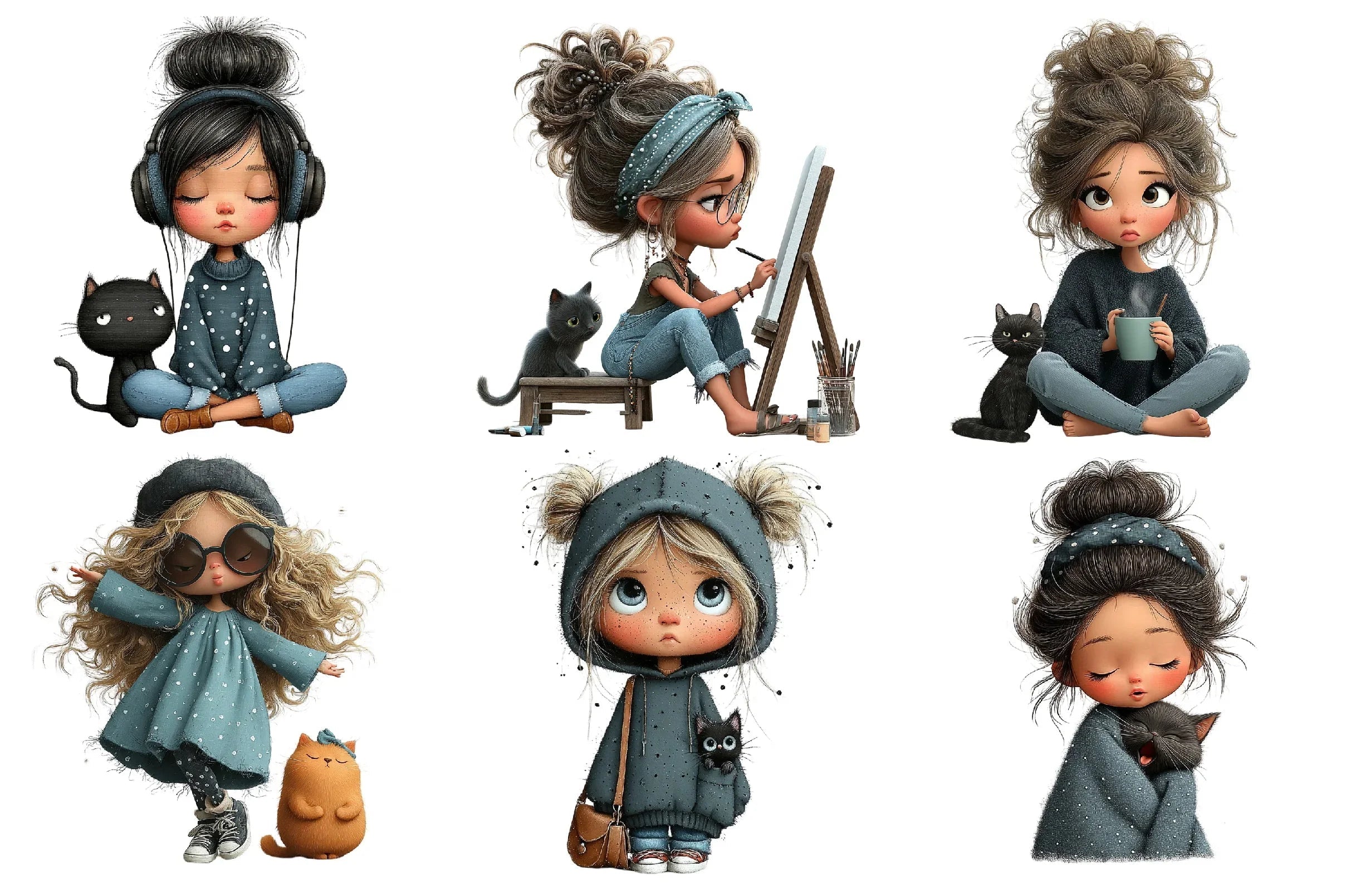 Quirky Girl with Cat Clipart Bundle - CraftNest - Digital Crafting and Art