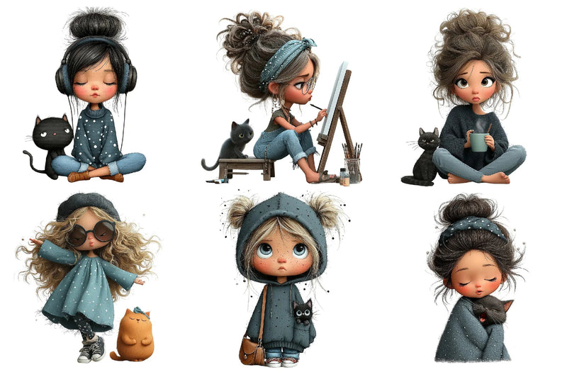 Quirky Girl with Cat Clipart Bundle - CraftNest - Digital Crafting and Art