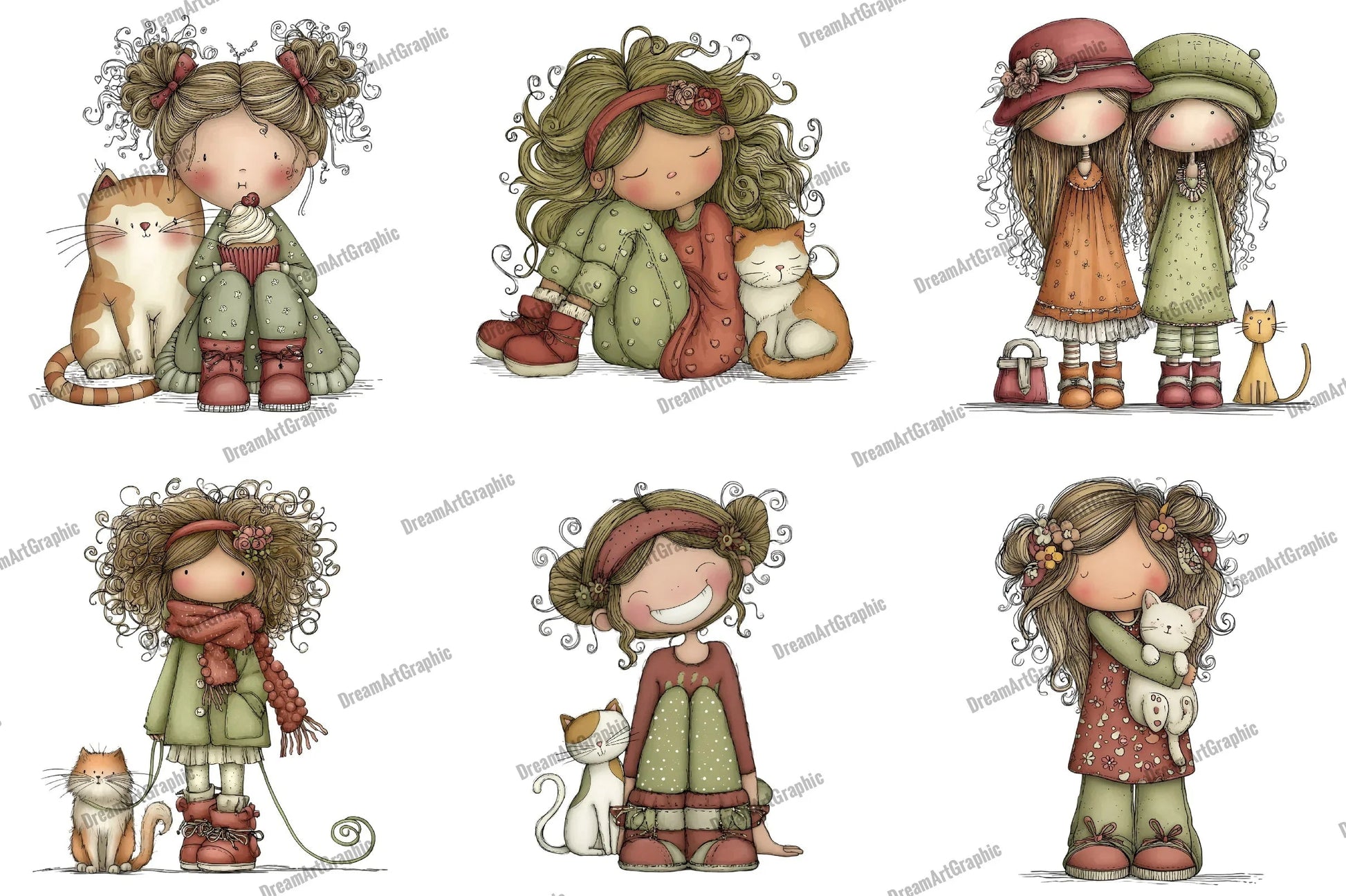 Quirky Girl with Cat Clipart Bundle - CraftNest - Digital Crafting and Art