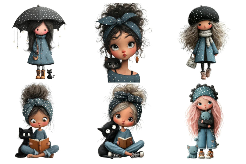Quirky Girl with Cat Clipart Bundle - CraftNest - Digital Crafting and Art