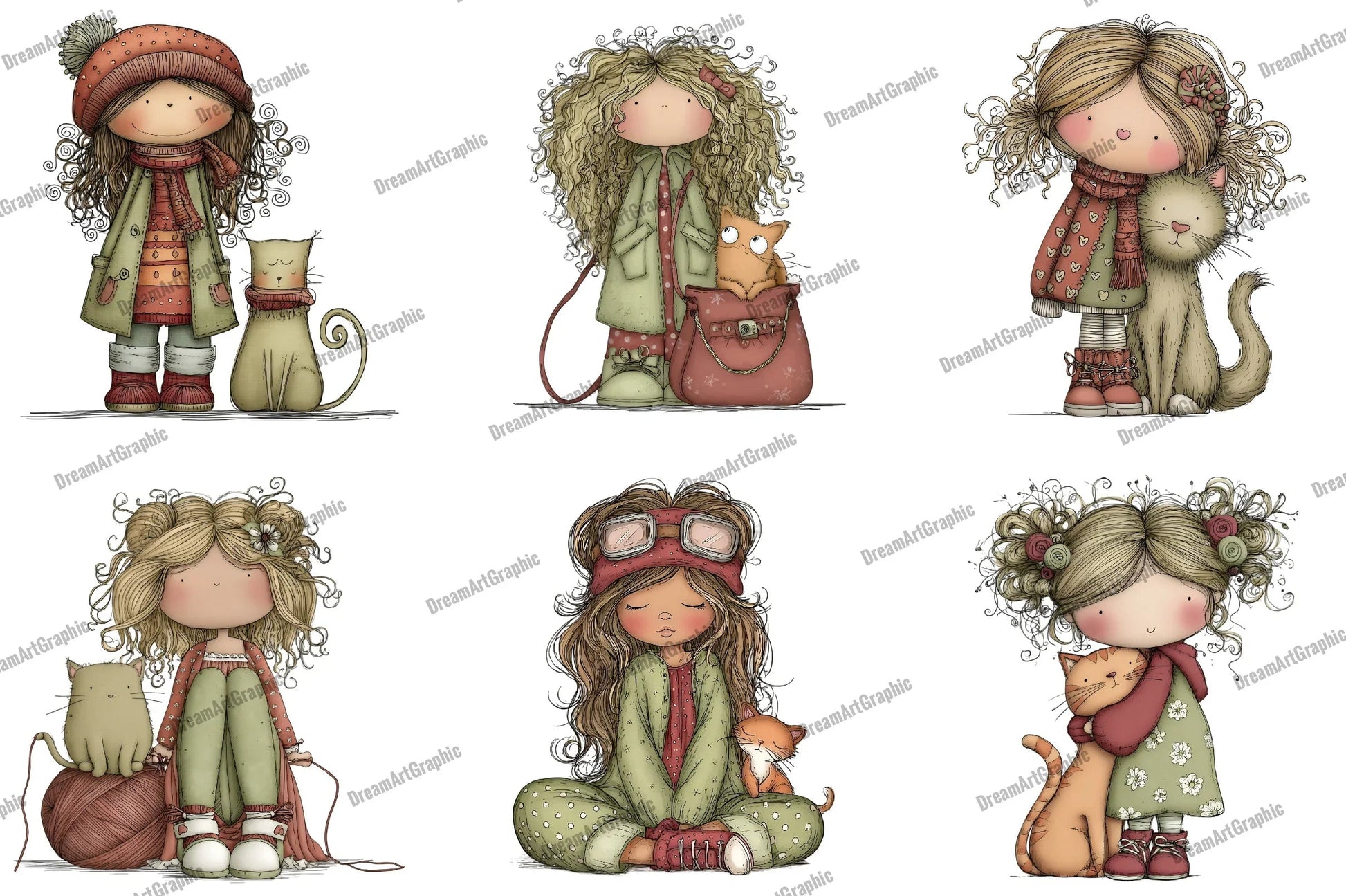Quirky Girl with Cat Clipart Bundle - CraftNest - Digital Crafting and Art