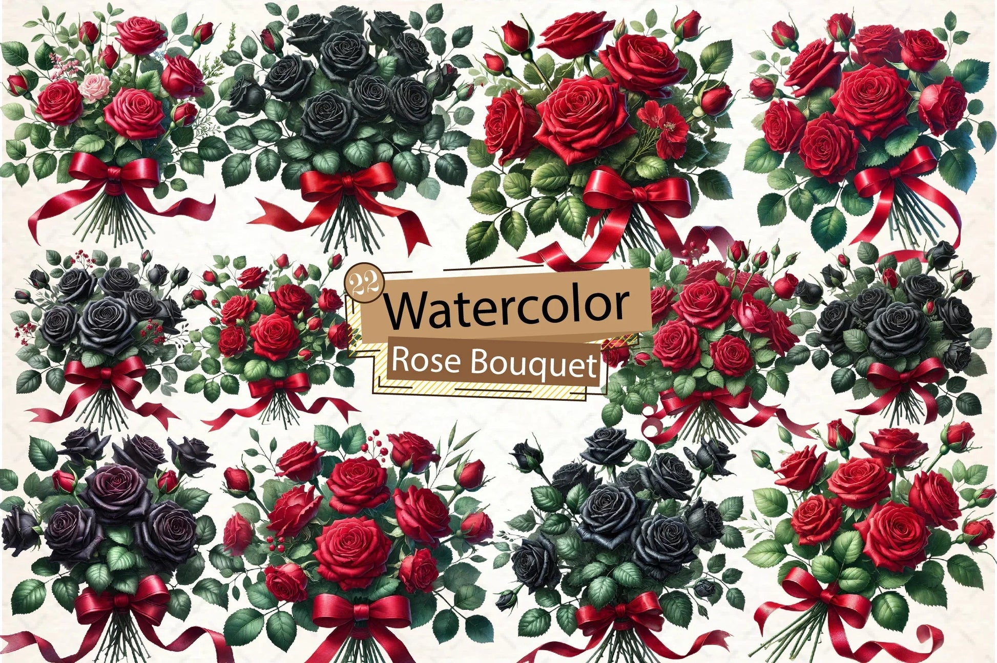 Red & Black Rose Bouquet Clipart Bundle - CraftNest - Digital Crafting and Art