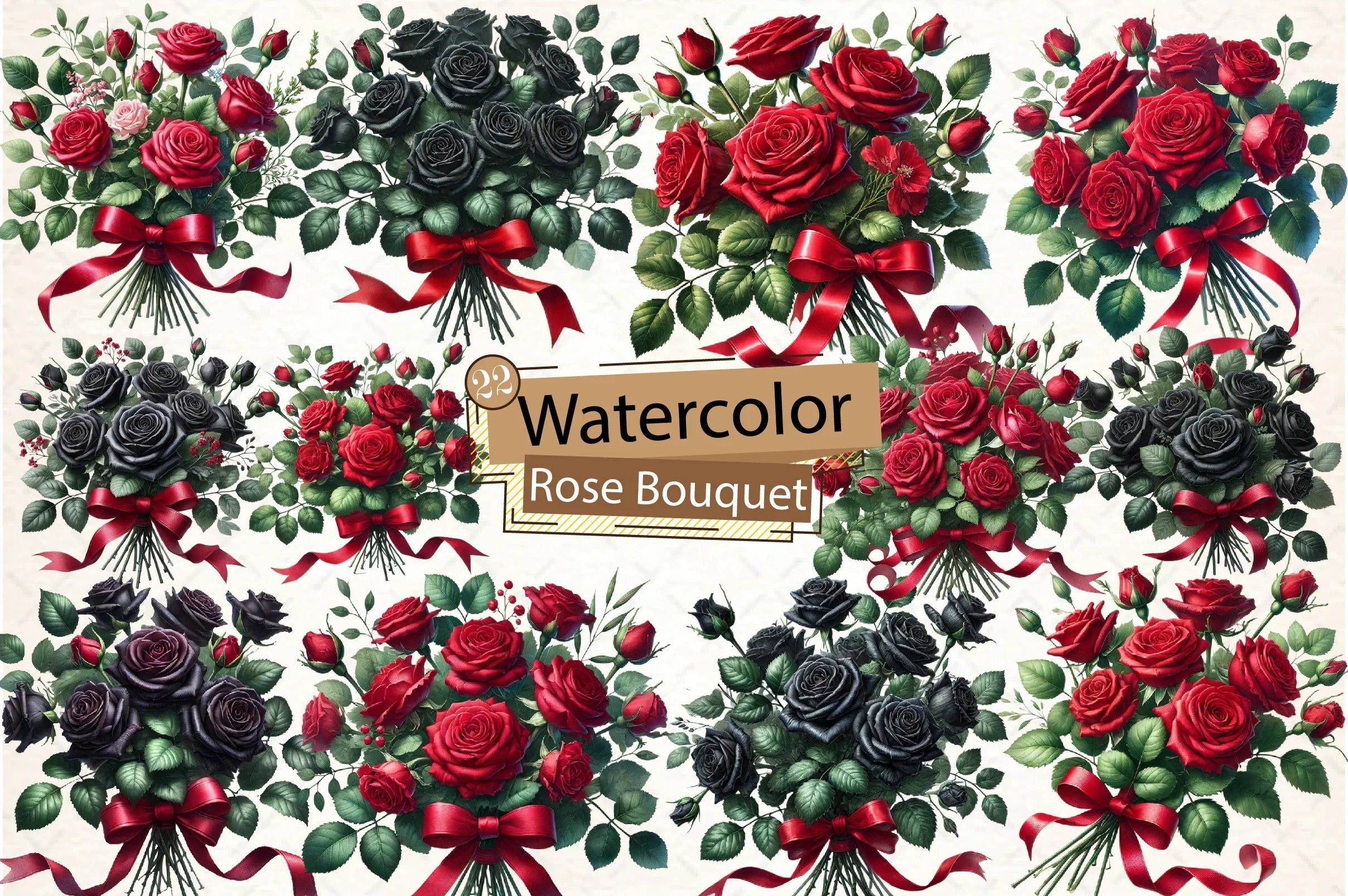 Red & Black Rose Bouquet Clipart Bundle - CraftNest - Digital Crafting and Art