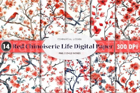 Red Chinoiserie Life Digital Paper - CraftNest - Digital Crafting and Art