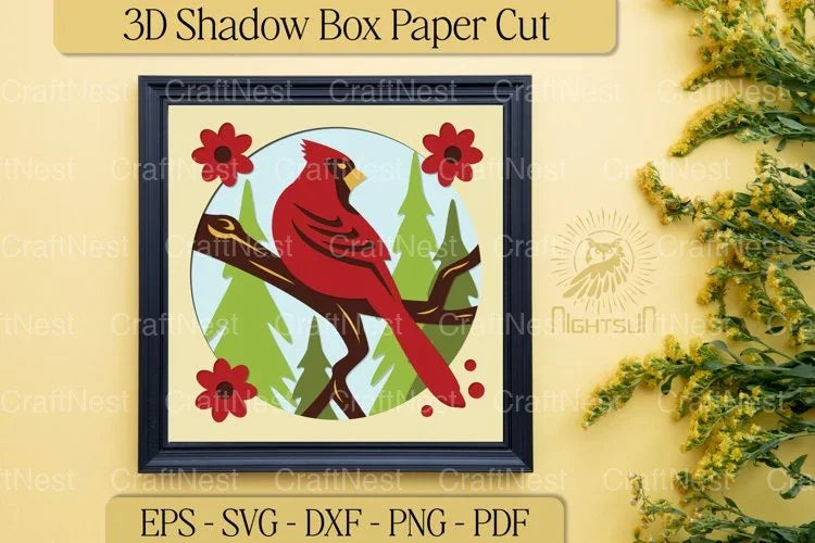 Red Cardinal Shadow Box Paper Cut Design Bundle - CraftNest - Digital Crafting and Art