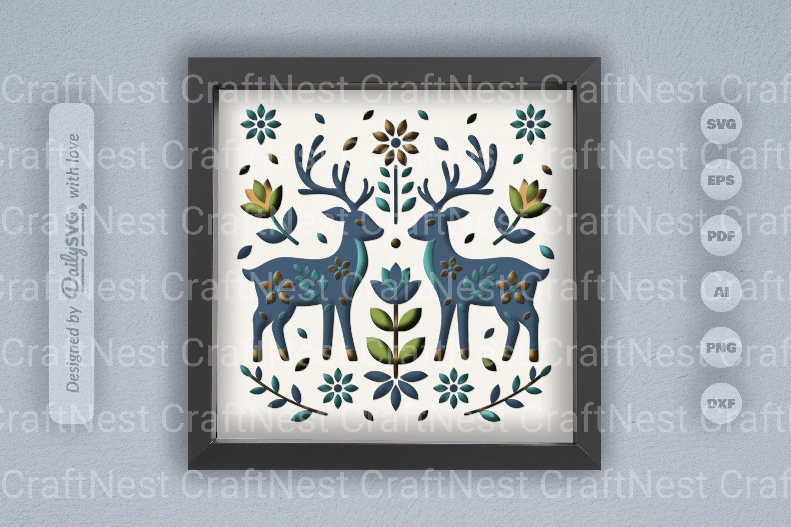 Reindeer Folk Art Papercut Shadow Box SVG Bundle