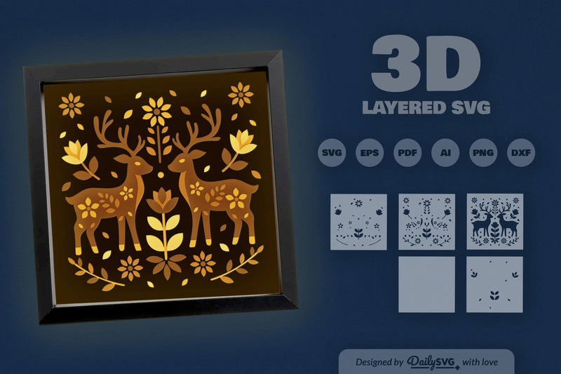 Reindeer Folk Art Papercut Shadow Box SVG Bundle - CraftNest - Digital Crafting and Art