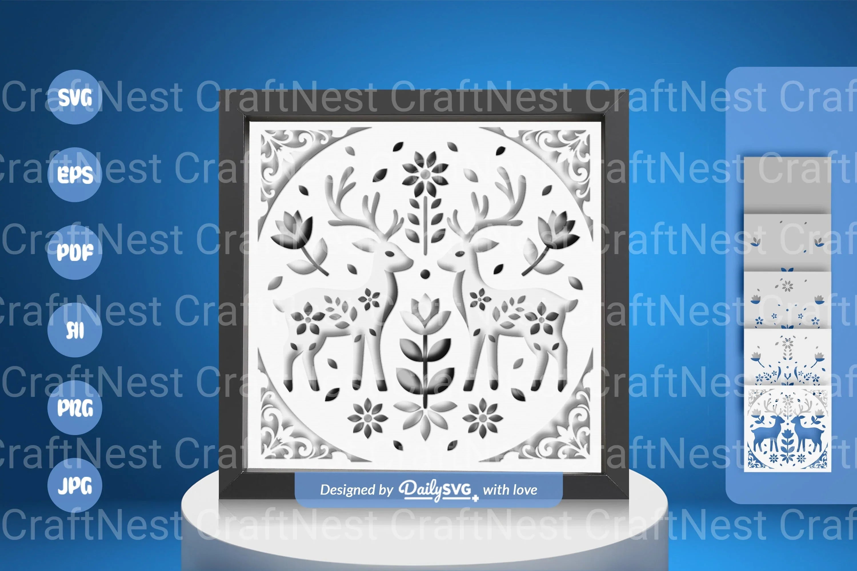 Reindeer Folk Art White Papercut Shadow Box SVG Bundle