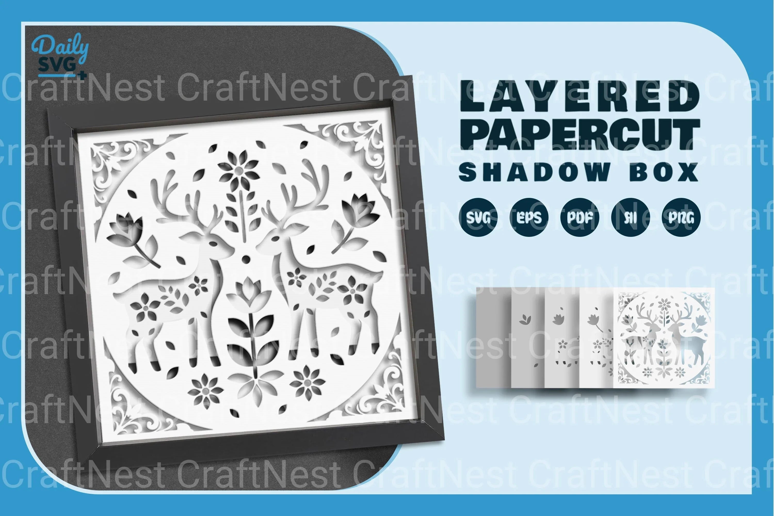 Reindeer Folk Art White Papercut Shadow Box SVG Bundle