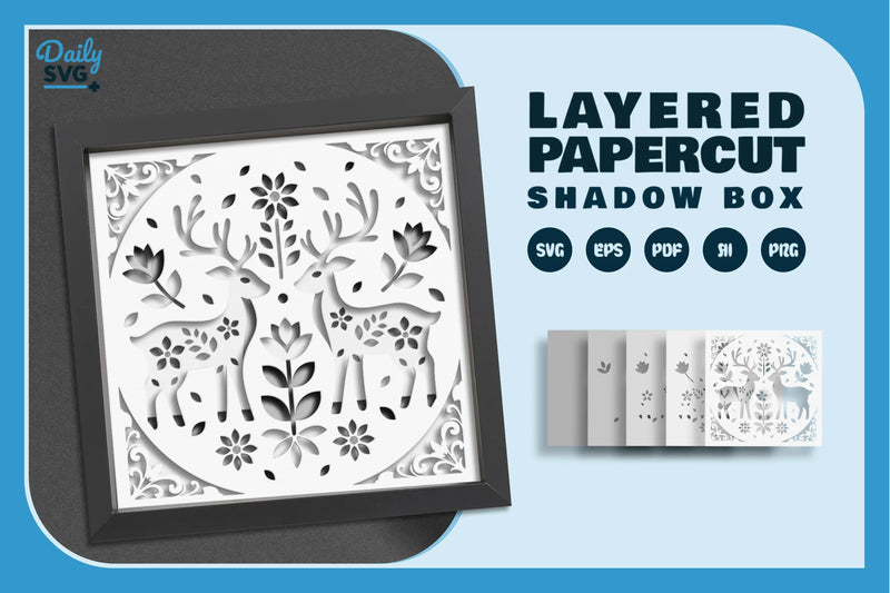 Reindeer Folk Art White Papercut Shadow Box SVG Bundle - CraftNest - Digital Crafting and Art