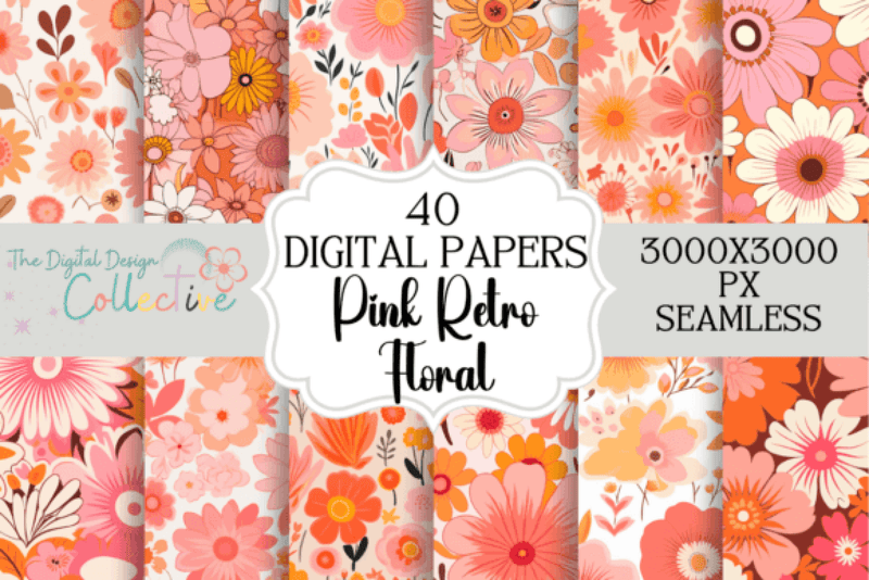 Retro Groovy Pink Flowers Seamless Digital Paper - CraftNest - Digital Crafting and Art