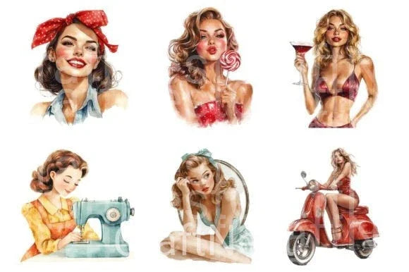 Retro Pin Up Girl PNGs: Vintage Women Clipart Bundle - CraftNest - Digital Crafting and Art
