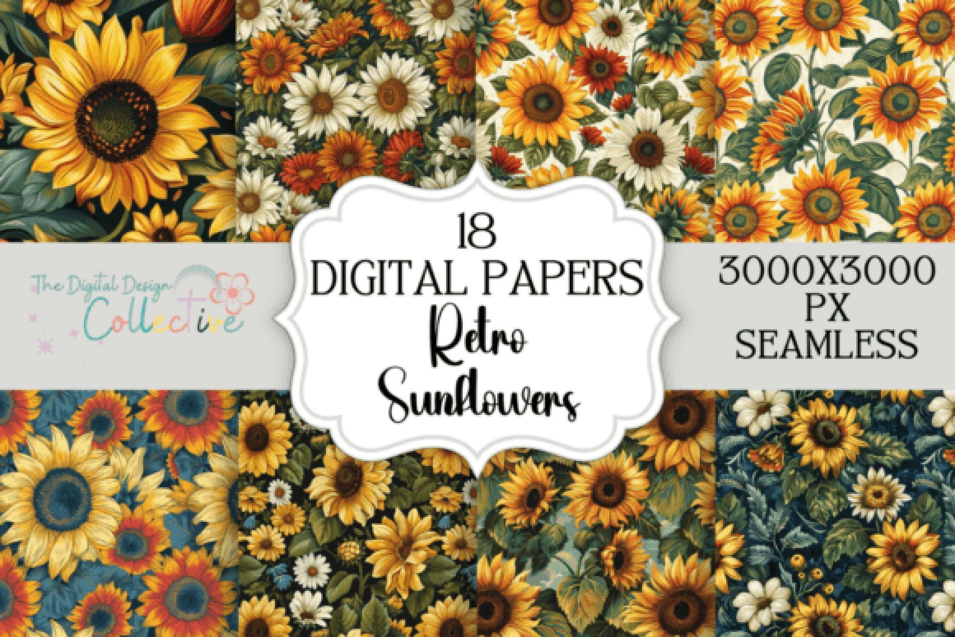Retro Sunflower Seamless Digital Paper - CraftNest - Digital Crafting and Art