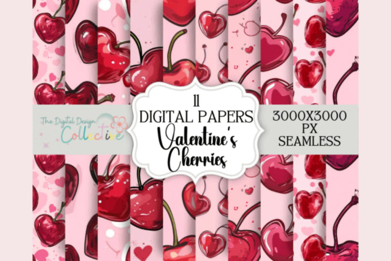 Retro Valentine Cherries Seamless Digital Paper - CraftNest - Digital Crafting and Art