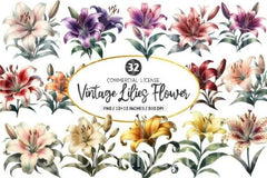 Retro Vintage Lilies Flower Clipart Bundle - CraftNest - Digital Crafting and Art