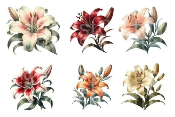 Retro Vintage Lilies Flower Clipart Bundle - CraftNest - Digital Crafting and Art