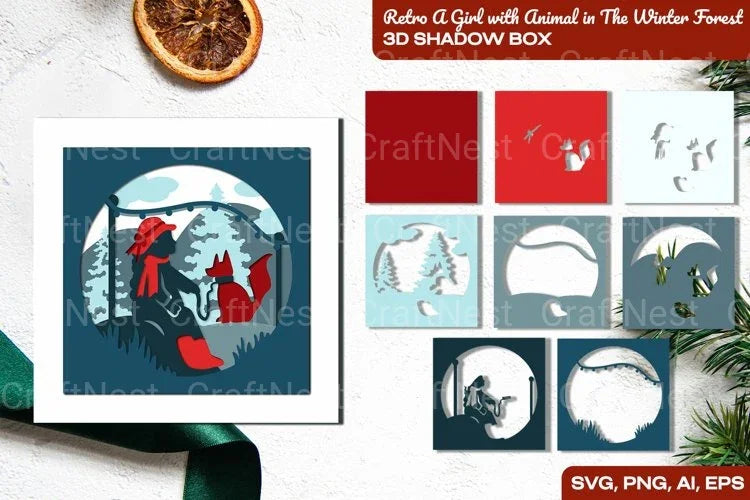 Retro Girl with Animal in Winter Forest 3D Shadow Box SVG Bundle - CraftNest - Digital Crafting and Art