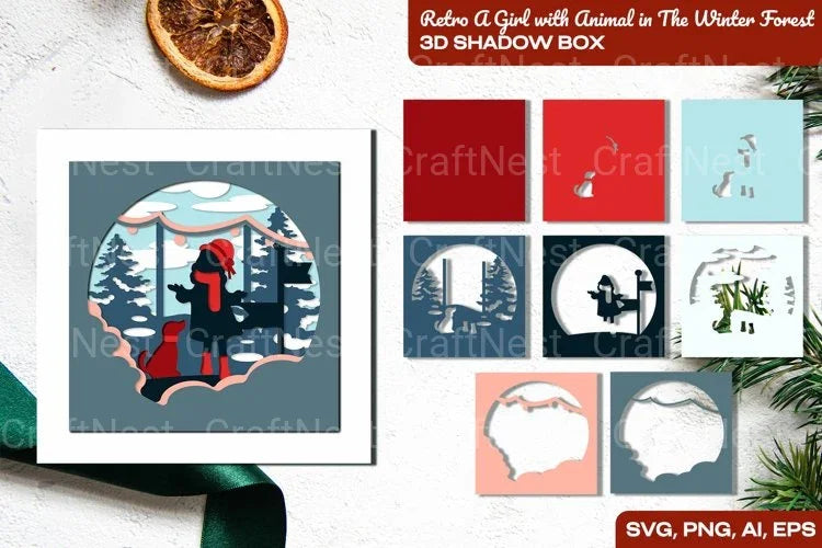 Retro Girl with Animal in Winter Forest 3D Shadow Box SVG Bundle - CraftNest - Digital Crafting and Art