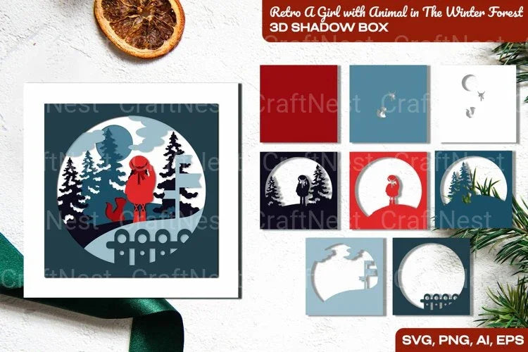Retro Girl with Animal in Winter Forest 3D Shadow Box SVG Bundle - CraftNest - Digital Crafting and Art
