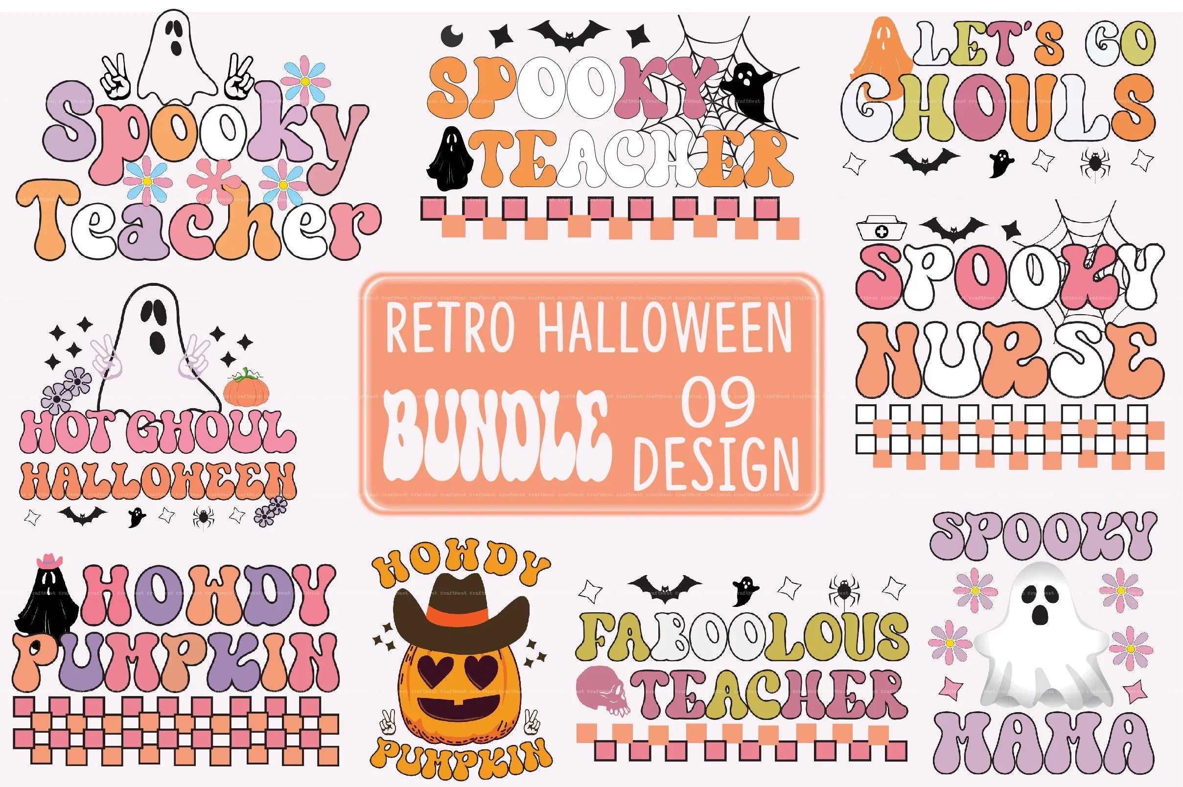 Retro Halloween Ghost Clipart Bundle