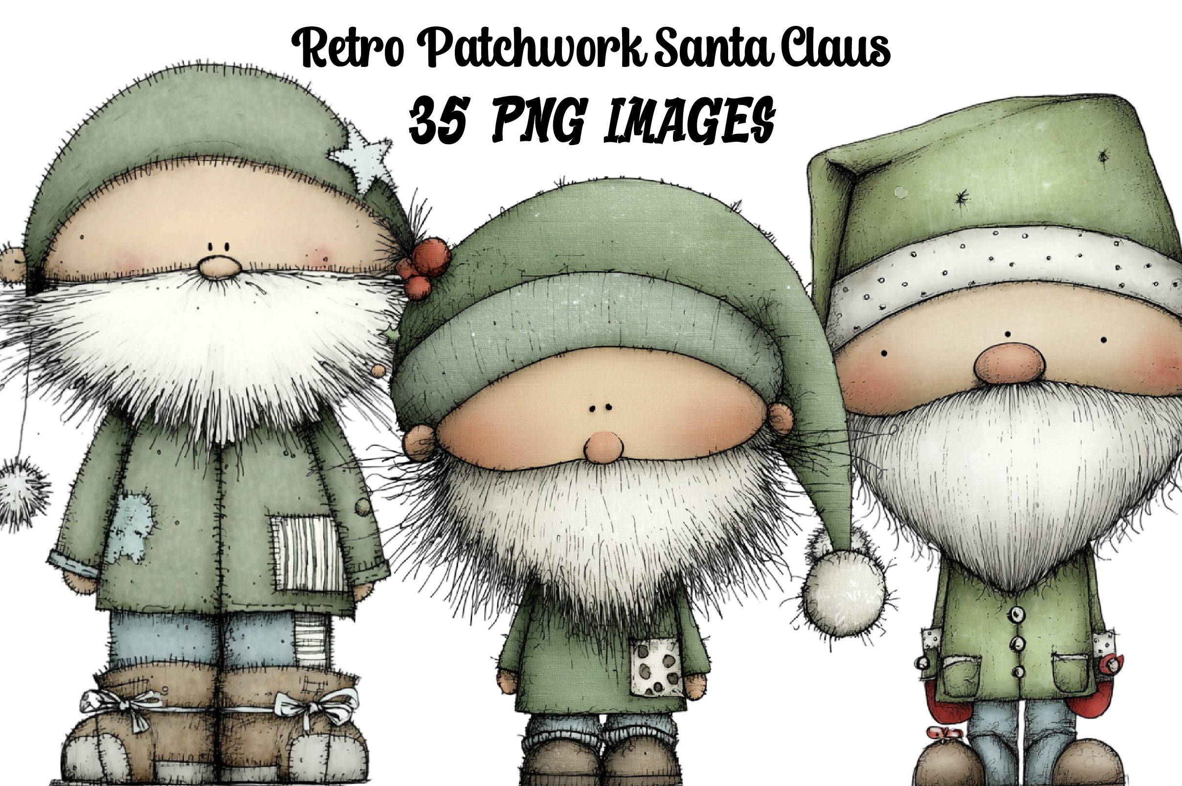 Retro Patchwork Santa Claus Clipart Bundle