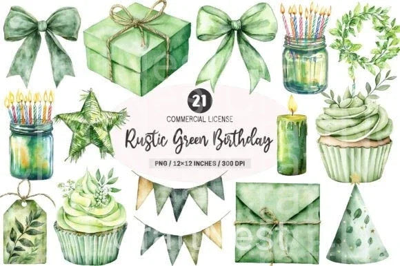 Rustic Green Birthday Clipart Bundle - CraftNest - Digital Crafting and Art
