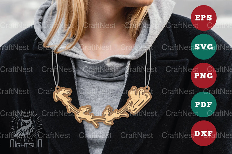 Santa Sleigh and Reindeer Laser Cut Necklace Design Bundle - CraftNest - Digital Crafting and Art