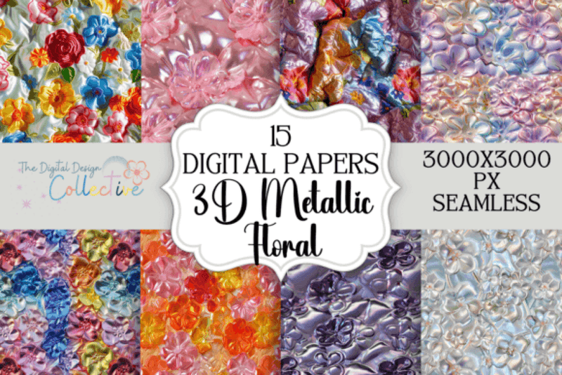 Seamless 3D Metallic Floral Digital Paper - CraftNest - Digital Crafting and Art