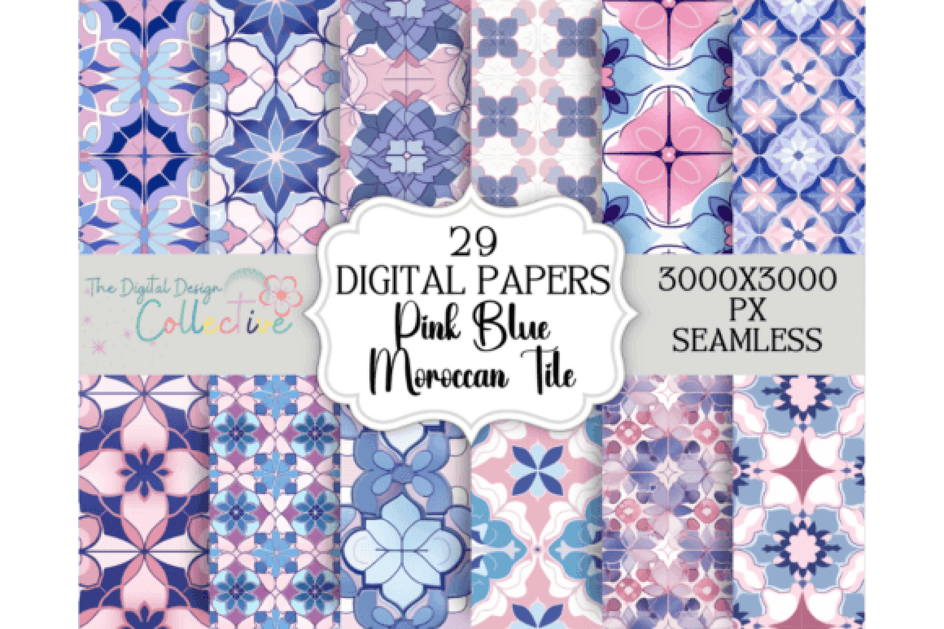 Seamless Blue Pink Moroccan Tile Design Digital Paper - CraftNest - Digital Crafting and Art