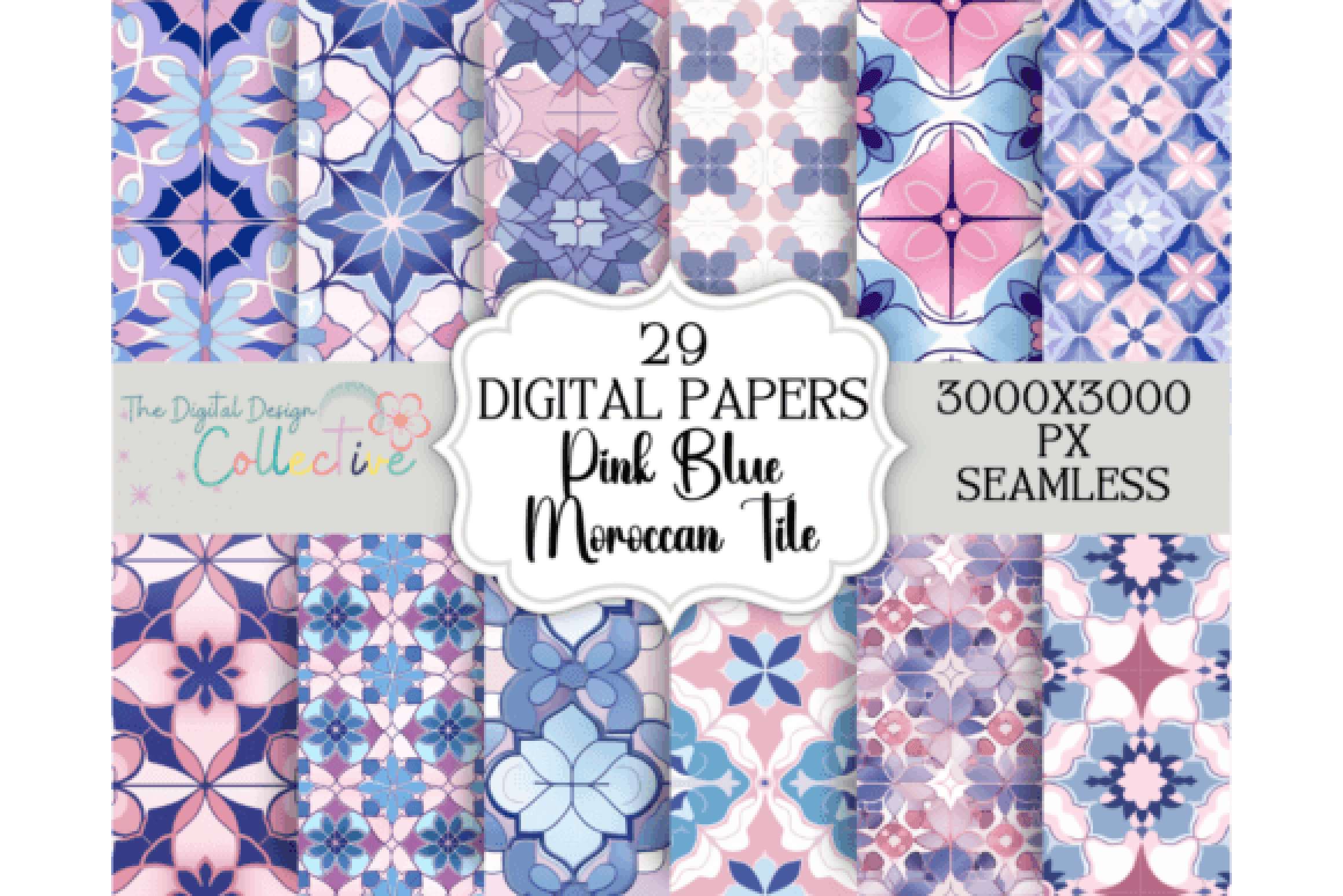 Seamless Blue Pink Moroccan Tile Design Digital Paper - CraftNest - Digital Crafting and Art