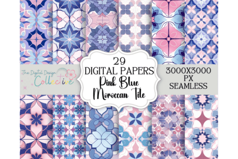 Seamless Blue Pink Moroccan Tile Design Digital Paper - CraftNest - Digital Crafting and Art