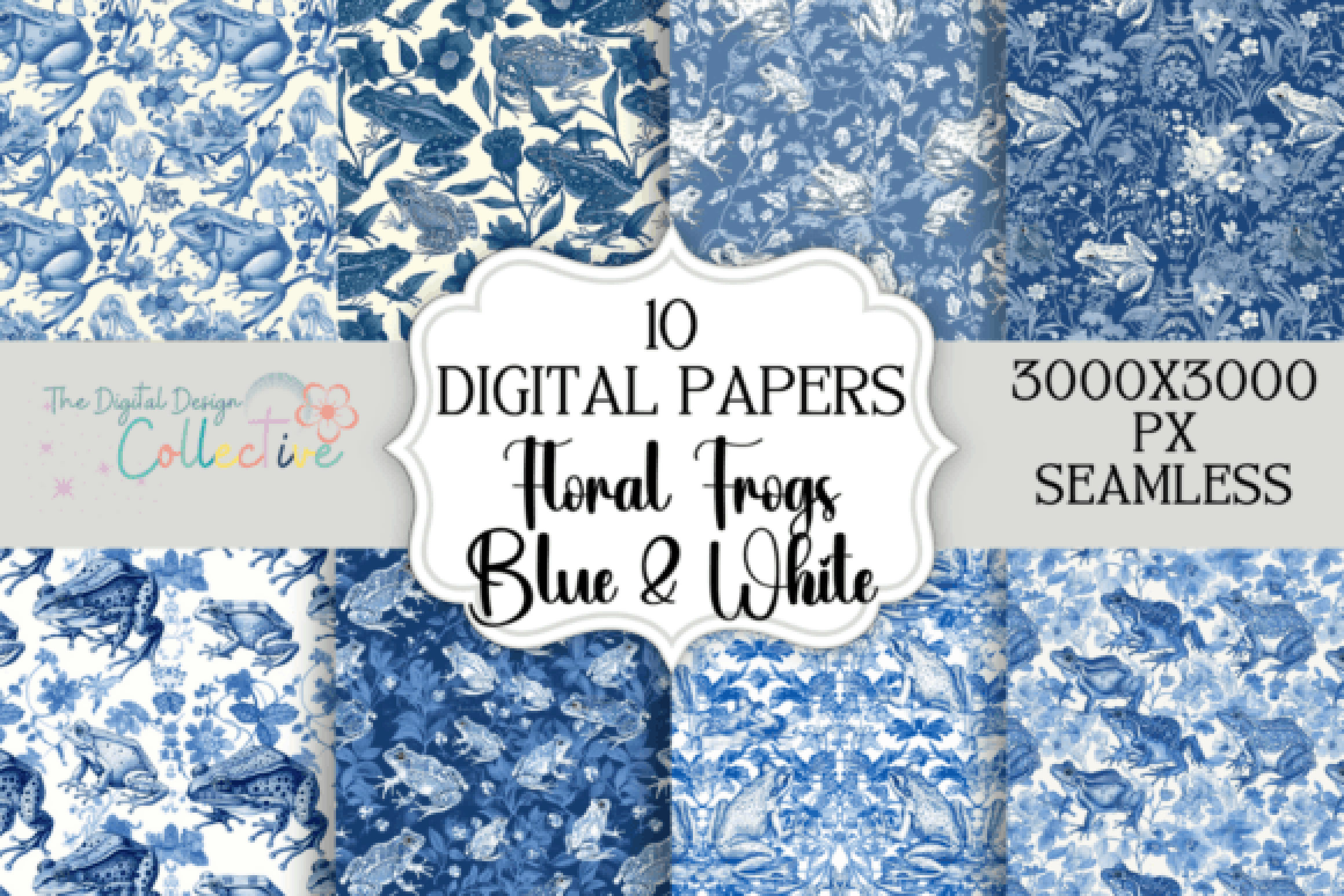 Seamless Blue & White Floral Frog Pattern Digital Paper
