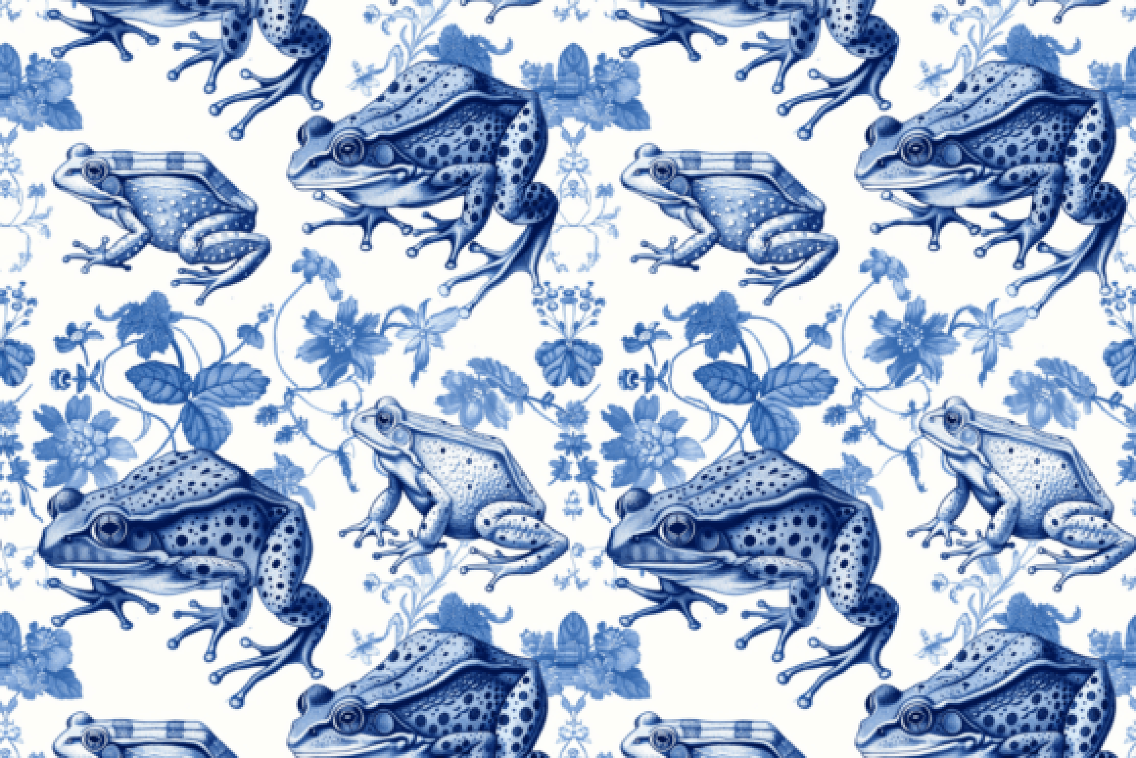 Seamless Blue & White Floral Frog Pattern Digital Paper