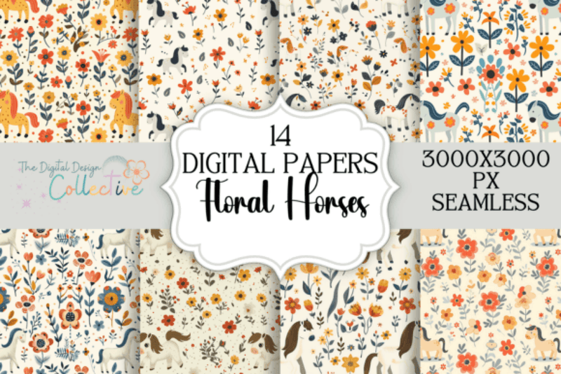 Seamless Floral Horses Digital Paper - CraftNest - Digital Crafting and Art