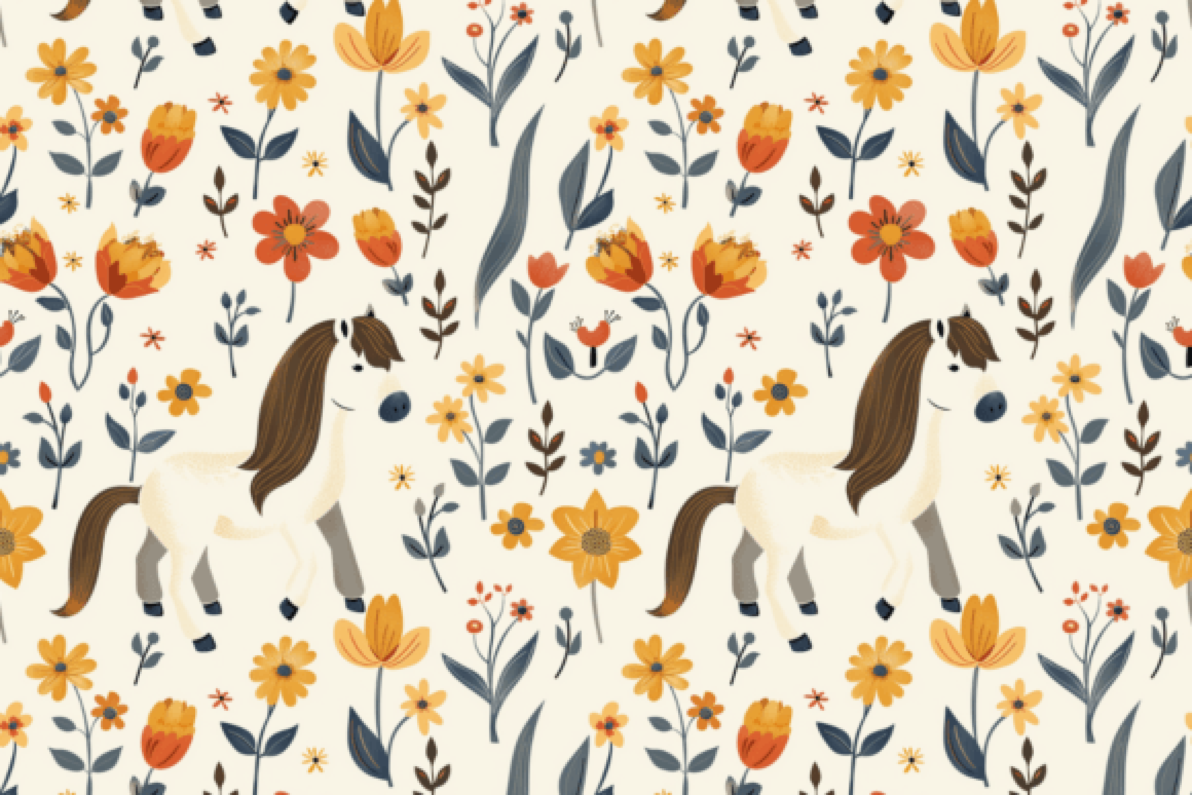 Seamless Floral Horses Digital Paper