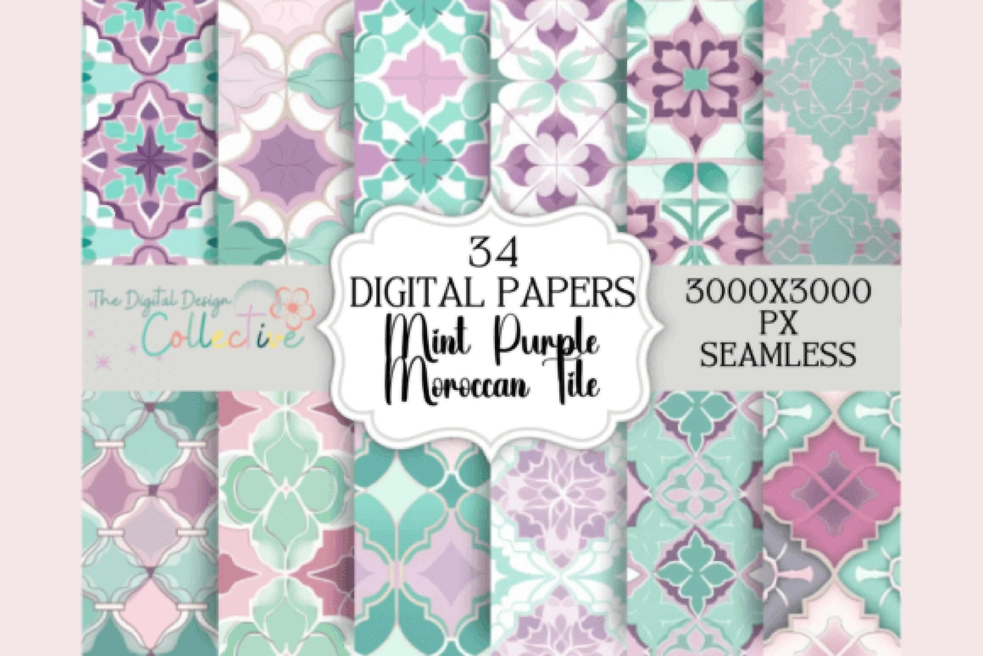 Seamless Mint Purple Moroccan Tile Design Digital Paper - CraftNest - Digital Crafting and Art