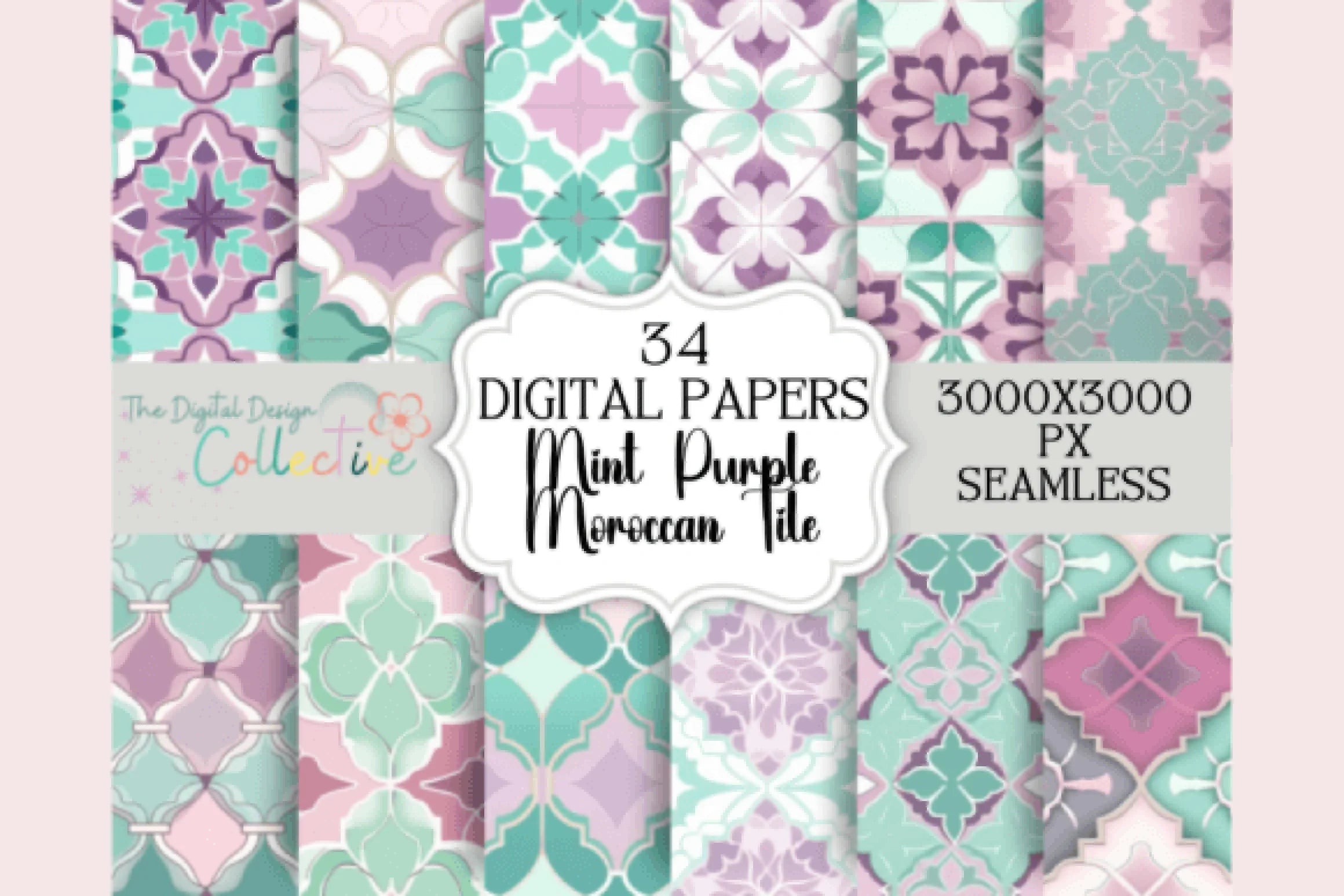 Seamless Mint Purple Moroccan Tile Design Digital Paper - CraftNest - Digital Crafting and Art