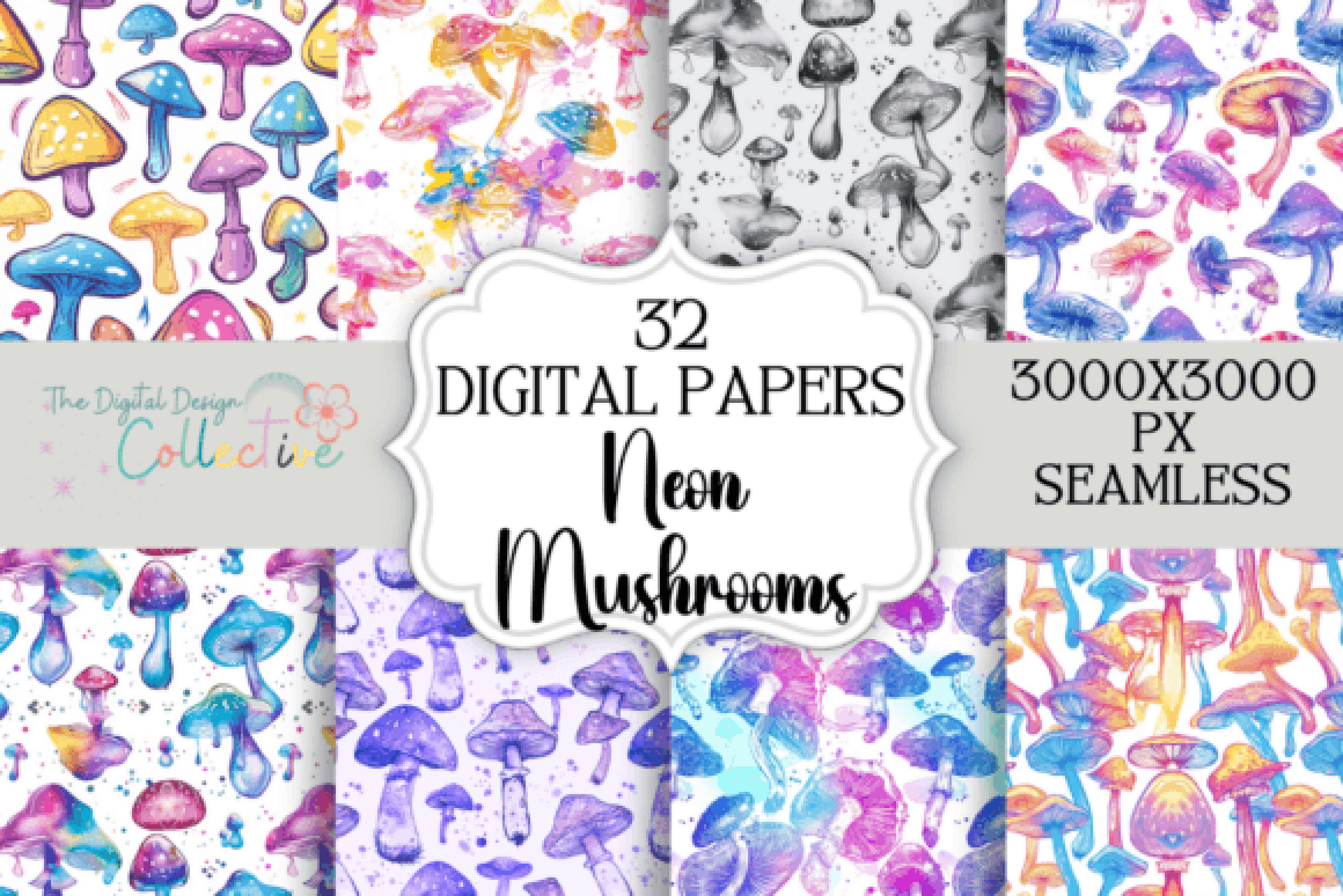 Seamless Neon Mushroom Digital Paper - CraftNest - Digital Crafting and Art
