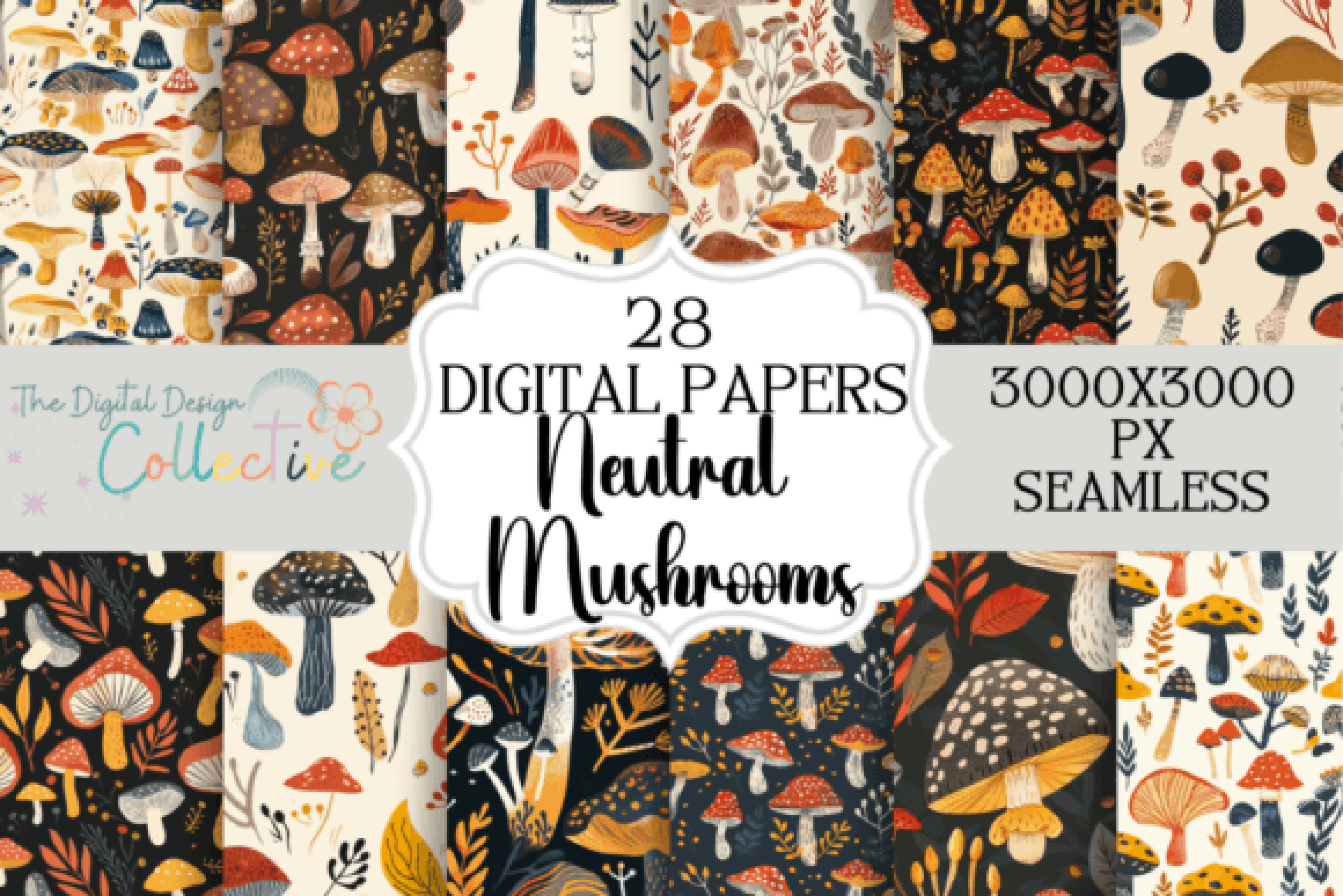 Seamless Neutral Mushroom Patterns Collection - CraftNest - Digital Crafting and Art