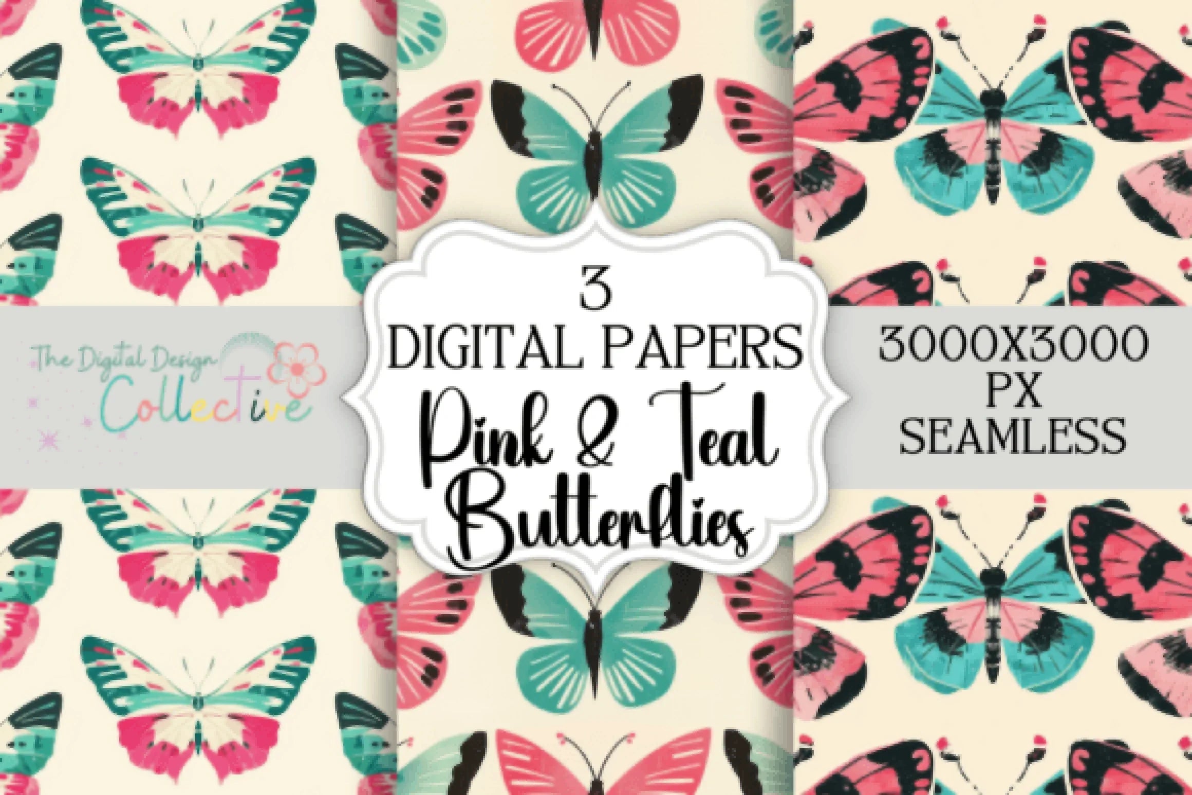 Seamless Pink & Teal Butterfly Patterns Digital Paper - CraftNest - Digital Crafting and Art