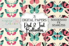 Seamless Pink & Teal Butterfly Patterns Digital Paper - CraftNest - Digital Crafting and Art