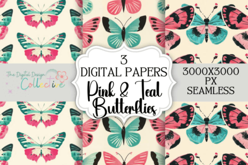 Seamless Pink & Teal Butterfly Patterns Digital Paper - CraftNest - Digital Crafting and Art