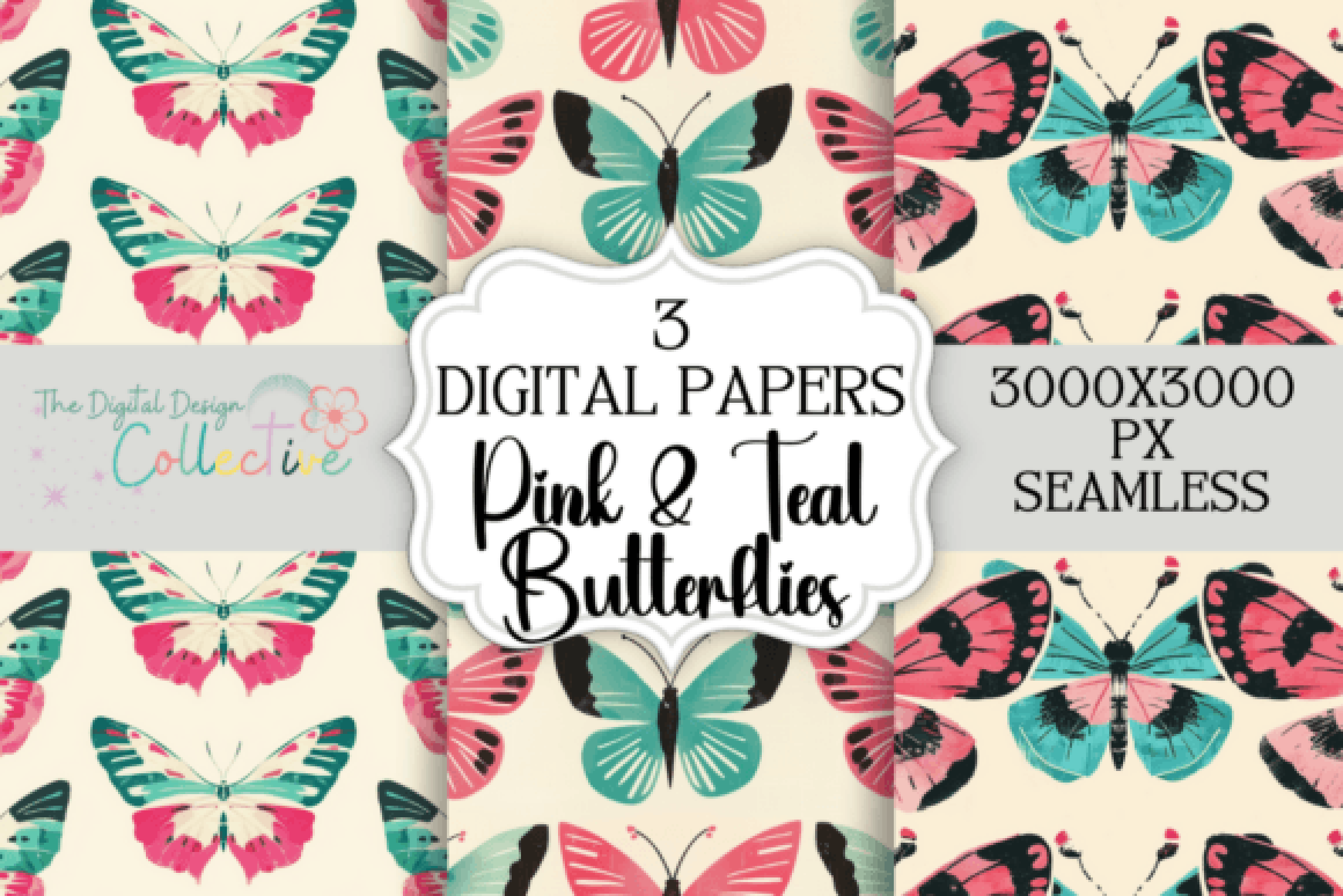 Seamless Pink & Teal Butterfly Patterns Digital Paper