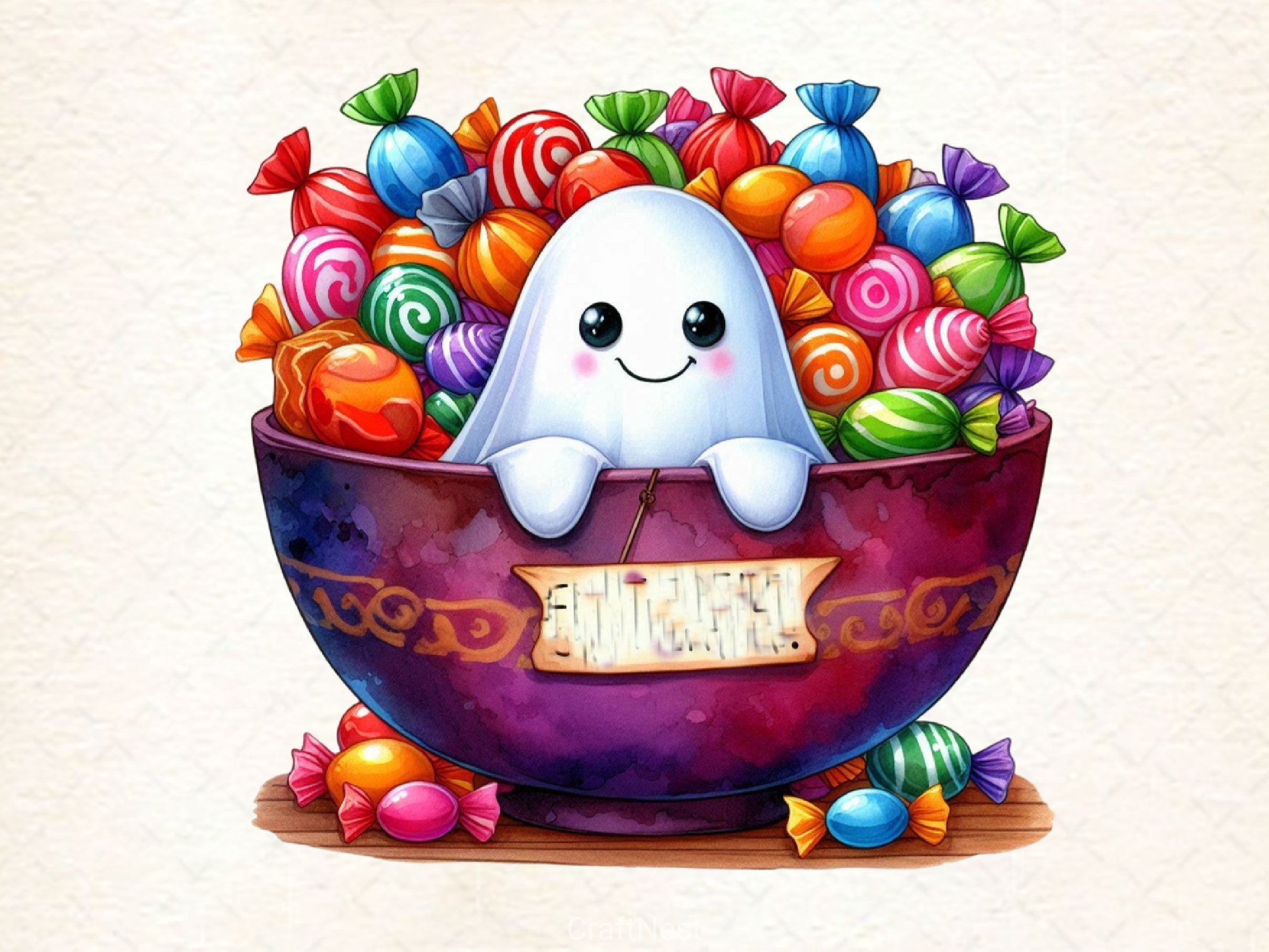 Cute Ghost With Candy Bowl Clipart Bundle 2